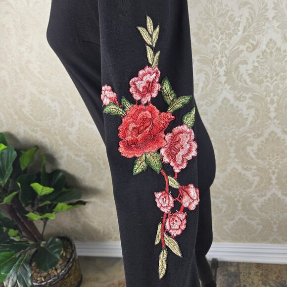 Reserved Size Small Black V-neck Bodycon Dress Rose Embroidered Long Sleeves - Picture 5 of 12